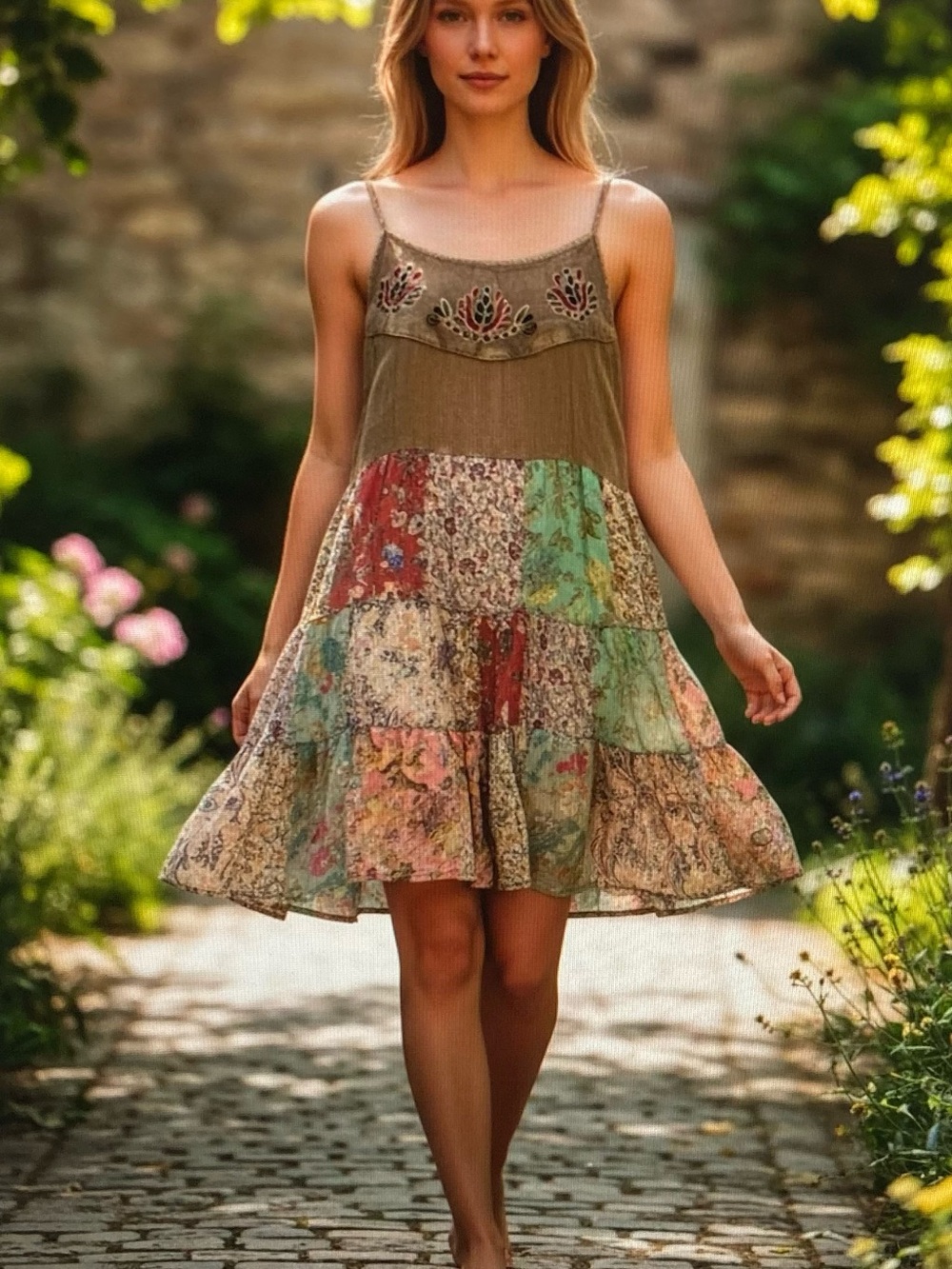 Young Threads Boho Patchwork Sleeveless Dress - Olive & Multicolor - Picture 3 of 6